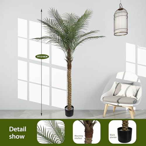 7ft Artificial Palm Tree Outdoor/Indoor, UV Resistant Faux Palm Tree with Real Bark, 84" Large Fake Silk Tree in Pot for Home, Office, Living Room, Patio, and Yard Decor - size: 7ft