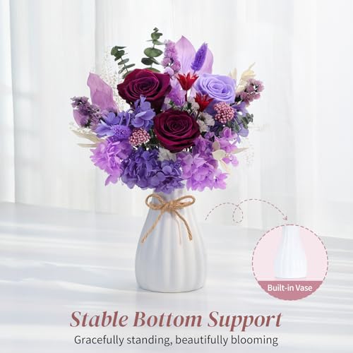 Lewondr Flower for Delivery, Preserved Flowers Bouquet, Purple Roses Bouquet, Real Long-Lasting Forever Birthday Flowers Gifts for Mom Grandma Women Mothers Day Anniversary Christmas, Purple - color: Dark Purple