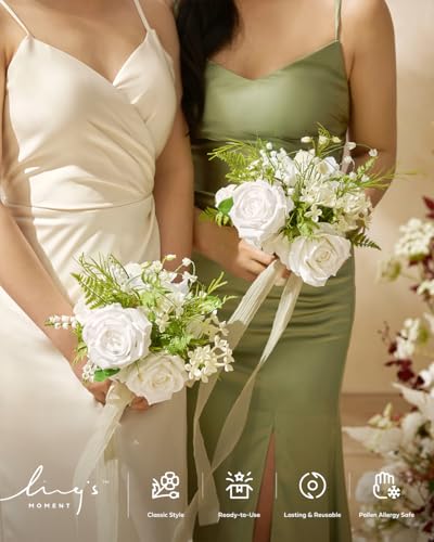 Ling's moment Artificial Flowers Lily of Valley White Bridesmaid Bouquet Set of 4, Green Wedding Flowers Bouquets for Bridesmaids, 7 Inch Bridal Bouquets for Bridesmaids, Wedding, etc - color: Wht-lily of the Valley White