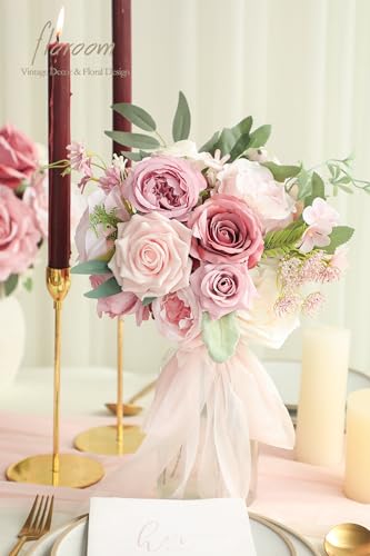 Floroom Dusty Rose Cream Artificial Flowers Fake Roses Peonies and Greenery Combo Box Set for DIY Wedding Bouquets Bridal Shower Centerpieces Floral Arrangements Party Tables Home Decorations - color: Delicate Dusty Rose
