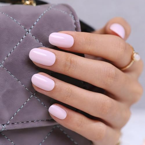 32Pcs Soft Gel Press on Nails for Women, Milky Lavender, Short Round | Solid Color Glossy False Fake Nails Press Ons for Office Daily Wear, Salon Quality Reusable Glue & Stick on Nail Gift Kit - color: 7R-Milky Lavender