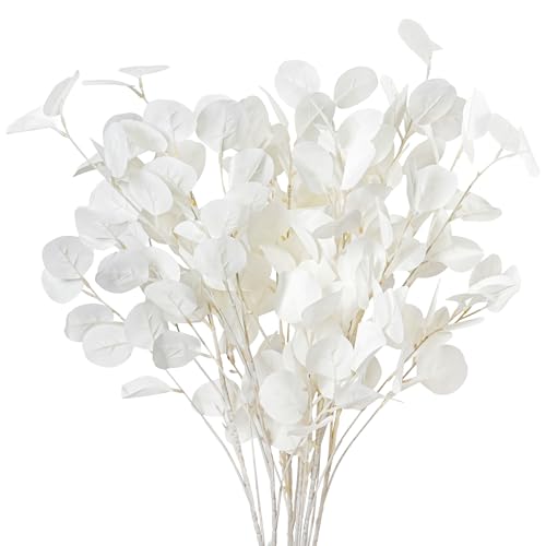 7PCS Long Artificial Eucalyptus Stems 35.4" Tall Fake Branches with White Silk Apple Leaves Summer Plants Bouquet Wedding Party Flowers Arrangement Accessories Home Table Festival Decorations - color: White