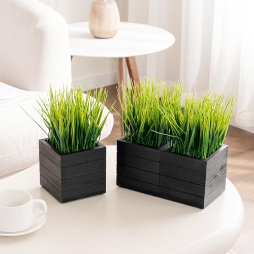 MyGift Artificial Green Grass Plants in Vintage Black Wood 4 Inch Planter Boxes, Faux Greenery in Decorative Square Crate Style Wooden Containers, Set of 3 - color: Black Wood