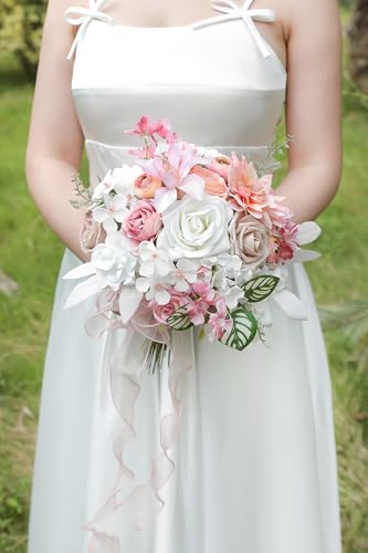 White Pink Artificial Flowers Silk Fake Roses Peonies Greenery Combo Box Set for DIY Wedding Bouquets Bridal Shower Centerpieces Floral Arrangements Party Tables Home Decoration - color: White & Pink