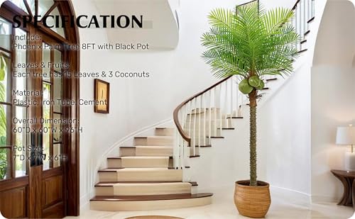 Roselywed Artificial Phoenix Palm Tree 8FT with 15 Leaves & 3 Coconut Fruit & Real Bark Tropical Areca Sago Palm Tall Large Faux Plant 94 Inch Black Pot for Indoor Outdoor Home Poolside Mall Decor - size: 8ft
