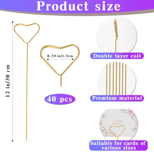 40Pcs Floral Card Holder Picks Gold Metal Wire Flower Card Stick 12 Inch Picture Photo Memo Gift Cards Holder Sticks for Floral Arrangement Bouquet Wedding Decoration Flower Pick for Cards Heart