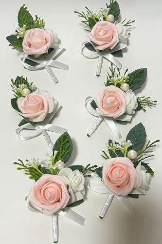 6PCS Blush Pink Boutonniere for Men,Coral Pink Boutonniere Pins for Men Groomsmen Guest, Artificial Flowers for Wedding Decor Prom Homecoming - color: Blush Pink