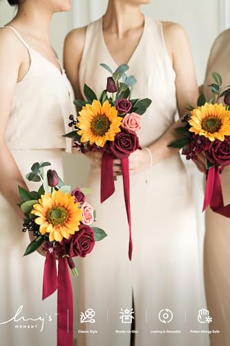 Ling's moment Artificial Bridesmaid Bouquets Set of 6,Sunflower Wedding Flower Bouquets Floral Bouquet Bridal Bouquets with Ribbon Ceremony Anniversary,7-inch Diameter - color: Ylw-sunflower