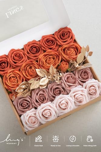 Ling's moment Artificial Flowers Fake Silk Roses Faux Foam Flower Combo for DIY Wedding Bouquets Centerpieces Arrangements Bridal Shower Party Home Decorations, Orange & Dusty Rose, 21pcs - color: Or-orange & Dusty Rose