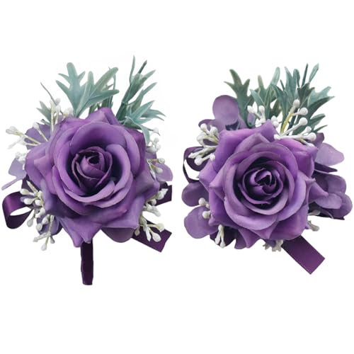 MAFELOE 2 Pieces Boutonniere Wrist Corsage Set, Artificial Rose Flowers Men Women Bride Groom Wedding Prom Party Suit Decor - Dark Purple