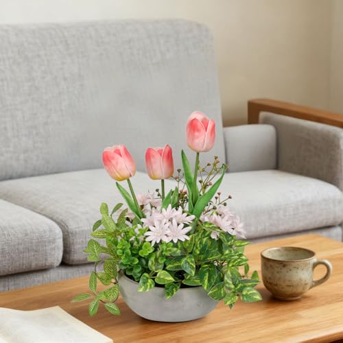 Flower Centerpieces 10.6" Artificial Plants & Flowers in Pot Mixed Artificial Tulip with Pink Flowers Green Plant, Realistic Farmhouse Flowers Arrangements for Table Office Desk Kitchen Home Decor - color: Pink