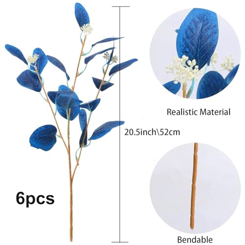 GTIDEA 6pcs Faux Eucalyptus Stems Blue Artificial Eucalyptus Leaves Spray Greenery Stems Branches with Seeds Silver Dollar Eucalyptus Plant for Home Kitchen Indoor Vase Flower Arrangement Decor - color: 6pcs-blue