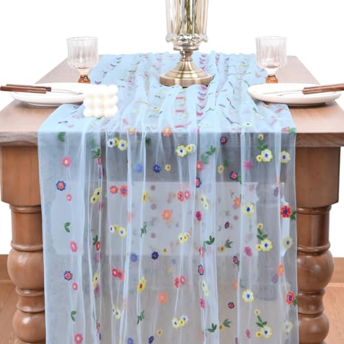 Joanlody 3pcs Blue Embroidery Daisy Spring Summer Table Runner Florals Seasonal Tulle Table Runner for Home Garden Tea Party Holiday Birthday Decoration - color: Blue, size: 10ft x 3pack