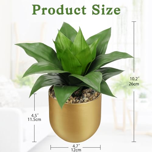 Briful Agave Artificial Wide Leaf Plant in Gold Pot – 10.2” Tall Faux Greenery with Lush Plastic Leaves & Pebble Base, Fake Plant Decor for Indoor Tabletop, Office Desk, Bathroom Shelf - color: Green and Gray Agave Gold Vase