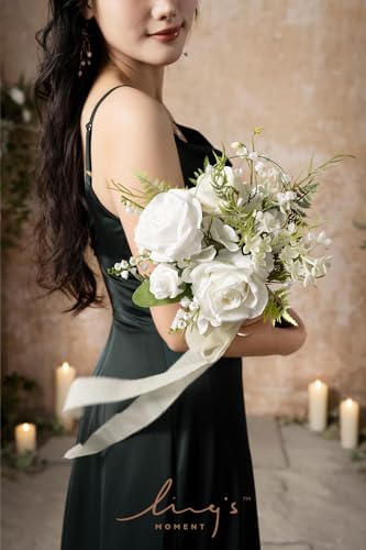 Ling's moment Artificial Flowers Lily of Valley White Bridesmaid Bouquet Set of 4, Green Wedding Flowers Bouquets for Bridesmaids, 7 Inch Bridal Bouquets for Bridesmaids, Wedding, etc - color: Wht-lily of the Valley White