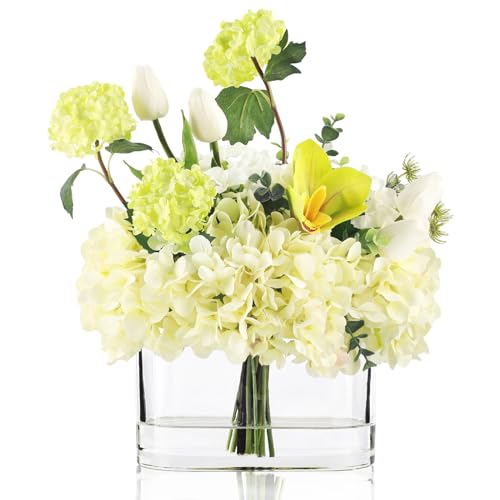 WELL KNOWN Artificial Flowers in Vase, Fake Hydrangea Tulips Flowers Bouquet in Vase, Spring & Summer Decor as Dining Table Centerpiece for Home Housewarming Wedding Party & Mom's Gift (Green) - color: Green Max