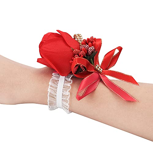 Wrist Corsage 4 Packs Wedding Bridal Wrist Flower Rose Wristband Corsage for Bride Bridesmaid Perfect for Wedding, Prom, Party (4 Packs, Wrist Flower-Red) - color: Corsage-red, size: 4 Packs