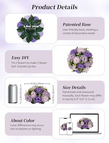 BLOSMON Wedding Rose Centerpieces Tables: Purple Lilac Pink Fake Roses | 10 Pcs Faux Flowers Balls Arrangement for Table Decor - Artificial Silk Floral Bouquet with Base Party Reception Decorations - color: Purple & Lilac & Light Pink