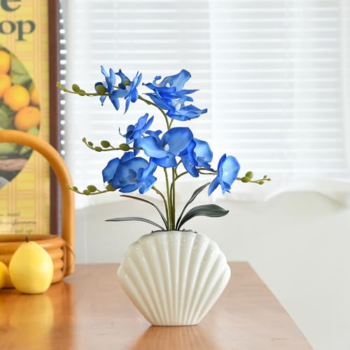 Artificial Phalaenopsis Orchid Plant in Seashell Pot, 16" Fake Orchid Flowers, Silk Faux Orchids for Home Decor, Office, Table Centerpiece, Real Touch Lifelike Indoor House Plant (Blue) - color: Blue