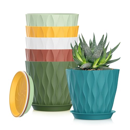 5 Inch Planter Pots, 6 Pack Indoor Planters, Small Flower Pots with Drainage Holes and Tray for Succulents, Orchids, Herbs and Other Indoor Plants (Multicolor, 5inch) - color: Colorful, size: 5inch
