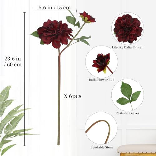 6pcs Fake Dahlia Artificial Flowers Burgundy Large Faux Dahlia Silk Flowers with Long Stem for Wedding Baby Shower Party Floral Arrangements Home Tables Decoration（Burgundy - color: Burgundy