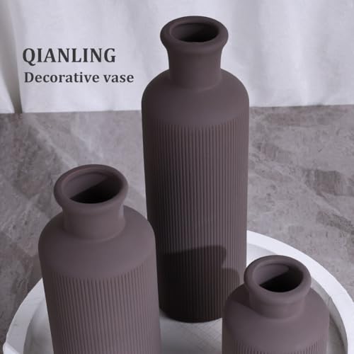Brown Ceramic Vases Set - 3 Brown Small Vase, Farmhouse Country Vases Home Decor, Living Room Decoration, Table Decoration, Fireplace Decor, and Entrance Decorations Centerpieces - color: Dark Brown