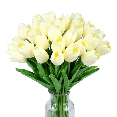 SITUMEIZI 15pcs Fake Tulips Artificial Flowers Real Touch Beige 14" PU Flower for Home Kitchen Decor Spring Easter Wedding Bouquet Decorations Office Floral Arrangements - color: Beige