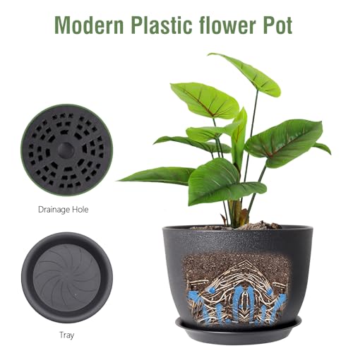 Meowell 12 inch Large Plant Pots, Plastic Planters with Drainage Holes and Saucers, Flower Pots for Indoor Outdoor Plants, Modern Decorative Pots for Garden House Plants, Black - color: Black, size: 12inch C