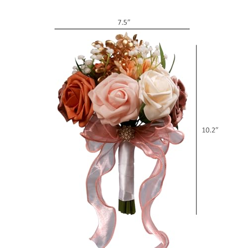 LEIFENY Wedding Bouquets for Bride, Pink & Champagne Bridal Bridesmaid Flower with Silk Ribbon, Artificial Toss Rose for Civil Ceremony - color: Pink & Champagen White