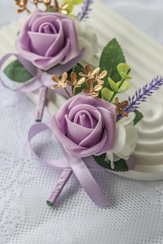 6PCS Purple Lavender Boutonniere for Men, Lilac Boutonniere Pins for Men Groomsmen Guest, Artificial Flowers for Wedding Decor Prom Homecoming - color: Lavender Purple
