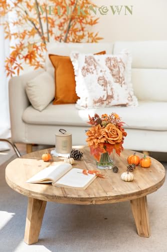 WELL KNOWN Artificial Flowers in Glass Vase, Burnt Orange Silk Rose Dahlia Flower Pine Berry Bouquet with Fake Water for Winter Home Dinning Coffee Table Wedding Chritmas Party Kitchen Decor & Gift - color: Burnt Orange Maple