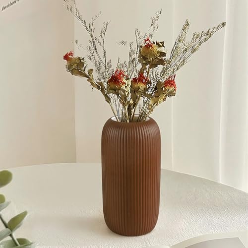 Ceramic Vase for Flowers – Modern Small Ribbed Textured Flower Vase for Home Decor, Pampas Grass, Decorative, Farmhouse, Coffee Table, Kitchen Centerpieces, Bookshelf and Home Living (Caramel) - color: Caramel