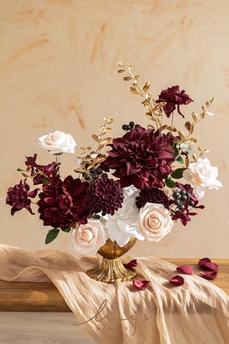 Ling's moment Fake Flowers Box, Faux Artificial Greenery Stems Foam Roses Gardenias Berries Silk Dahlia Fabic Flower for Centerpieces Bouquet Wedding Floral Vase, Marsala & Soft Peach, Deluxe Combo - color: Red-marsala & Soft Peach, size: Deluxe
