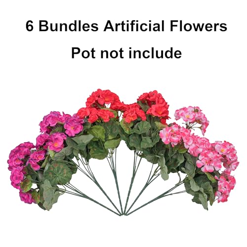 Fake Geraniums Artificial Flowers for Outdoors, 6 Bundles Silk Geraniums Flowers Realistic UV Resistant Fake Plants Faux Flowers for Outside Planters Front Door Garden Balcony Yard Porch Indoor, Mix - color: 2 Red, 2 Fuchsia, 2 Pink