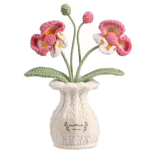 Orchid Crochet Flower Pot Deep Rose Handmade Knitted Phalaenopsis Desk Decor for Home Office - color: Deep Rose Phalaenopsis