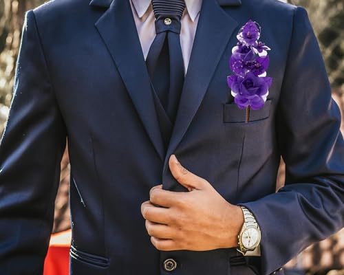 Set of 12 Artificial Silk Organza Craft Rose Flower, 12 Corsage Wristlet, 12 Pin Back DIY Boutonnieres for Wedding, Bridesmaids, Groomsmen, Quinceanera, Prom, Sweet 16 (Purple) - color: Purple