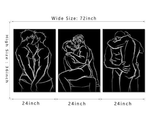 Gay Art Wall Decor 3 Panels Abstract Wall Art Black and White Line Art Men Gay Body Posters Prints on Canvas Decor Bedroom Bathroom Home Decoration Framed Ready to Hang - 24"W x 36"H x 3pcs - color: Art02, size: 24x36x3pcs