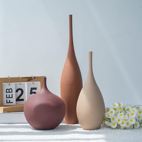 Relexome Ceramic Modern Vase Set of 3 Farmhouse Decorative Vase Minimalist Aesthetic Vases for Centerpieces Matte Ribbed Vases for Home Decor Table Entryway Living Room (Brown+Khaki+ Dark Red) - color: Multicolor