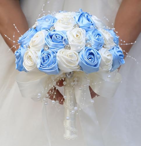 Ujicde Romantic Wedding Bouquet Bridal Bridesmaid Round Bling Brooch Bouquet Throw Toss Artificial Rose Flower Bunch with Sparkle Rhinestone Crystal Decoration(Light Blue+Ivory,Dia. 6.3"*16cm) - color: Light Blue+ivory, size: Dia. 6.3"*16cm