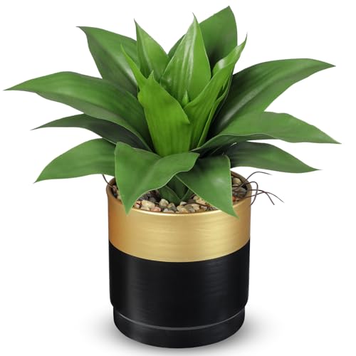 Briful Agave Artificial Wide Leaf Plant in Black and Gold Pot – 10.2” Tall Faux Greenery with Plastic Leaves & Pebble Base, Fake Plants for Indoor Table Decor, Desk, Shelf, Office or Bathroom - color: Green and Gray Agave Gold Black Vase