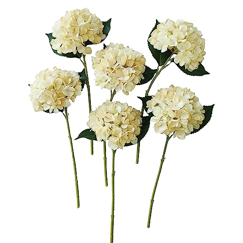 Hydrangea Artificial Flowers,6 Pcs Faux Hydrangea Flowers,Artificial Hydrangeas Flowers with Stems,Fake Hydrangeas,Silk Hydrangeas Flowers with Stems for Home Decor (6, Champagne) - color: Champagne