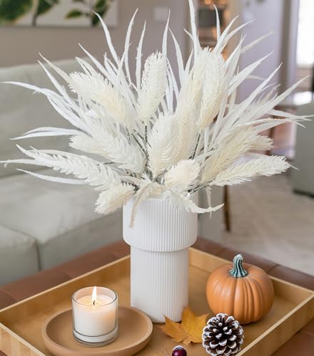 7 PCS Artificial Stems Fake Plants for Spring Summer Decor, 26 in Fake Leaves Greenery Branches White Silk Flowers Faux Foliage DIY Stems for Vase Home Kitchen Farmhouse Indoor Table Centerpiece - color: 7 Pcs White Faux Stem