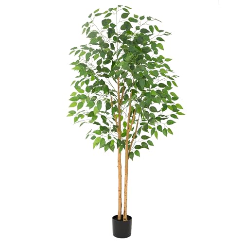 Bellacat 5ft Ficus Tree Artificial with Double Real Wood Trunks, 60in Faux Ficus Tree with Lifelike Leaves, Fake Ficus Tree for Living Room Bedroom Office Decor - color: Green With Double Trunks, size: 5ft