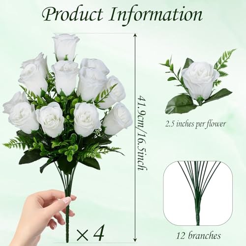 XONOR Artificial Rose Flowers - 4Bouquets Realistic Fake Silk Roses for Wedding Party Home Centerpieces Office DIY Cemetery Grave Decoration (Pack of 4, White) - color: White