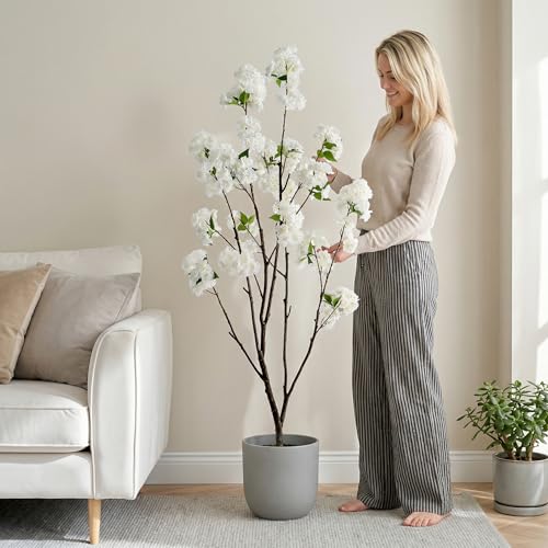 Ttranewsoo Fake Tree Cherry Blossom Tree 59'' Artificial Cherry Blossom Tree Tall Fake Plant Faux Trees Indoor Artificial Trees for Home Decor Indoor Applies to Living Room Bedroom Balcony (White) - color: 1.5m White
