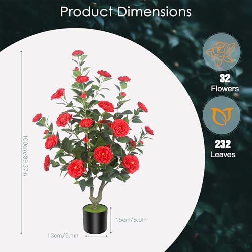 2Pack 39.37"/3.28FT Artificial Camellia Trees with 32 Flowers in Cement Pots – Lifelike Fake Trees for Front Porch, Home, Indoor Outdoor Spring Decor, Office or Housewarming Gifts (Red) - color: Red, size: 3ft 3inx2