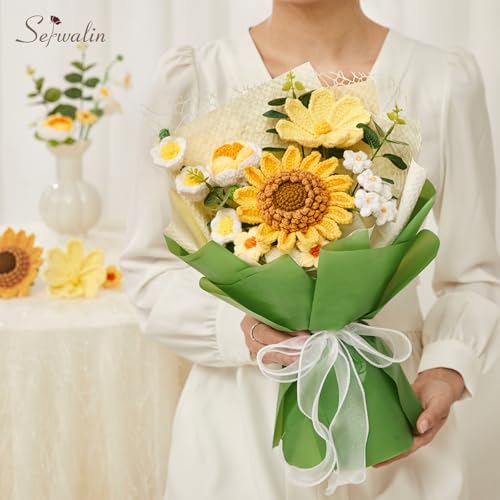 Serwalin Crochet Flower Bouquet,Yellow Knitted Flowers,Sunflower Crochet Flowers for Mother’s Day Wedding Anniversary Birthday Valentine Day Back-to-School or Graduation Ceremonies Gift (with Card) - color: Beautiful Sunflower