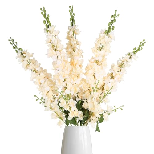 IPOPU 43.3" Delphinium Artificial Flowers 5PCS Faux Delphinium Flowers Larkspur Long Stem Artificial Flowers for Wedding Table Centerpieces Home Garden Decor(Champagne) - color: Champagne