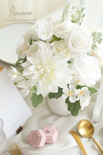 Floroom Ivory White Artificial Flowers Fake Roses Peonies Dahlia and Greenery Combo Box Set for DIY Wedding Bouquets Bridal Shower Centerpieces Floral Arrangements Party Tables Home Decorations - color: Camille Ivory & White
