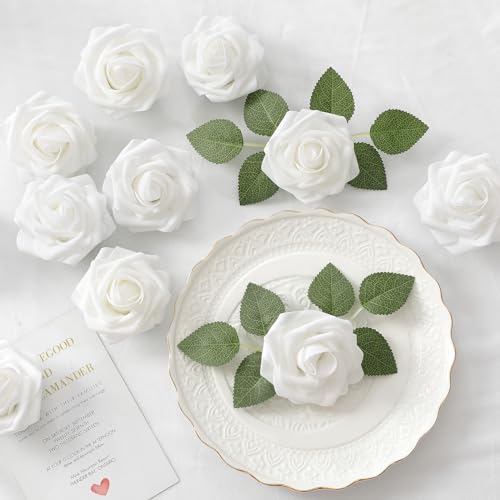 DerBlue 60pcs Artificial Roses Flowers with stem and 10pcs Green Leaves Real Looking Fake Roses Artificial Foam Roses Decoration DIY for Wedding,Arrangements Party Home Decorations - color: White